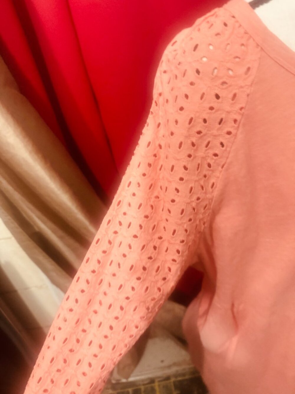 Peach Time and Tru tiered knit dress with eyelet sleeves. - Picture 2 of 6
